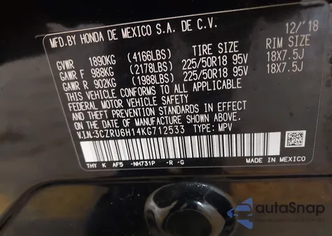 2019 Honda Hr-V Sport from USA, damaged, VIN 3CZRU6H14KG712533